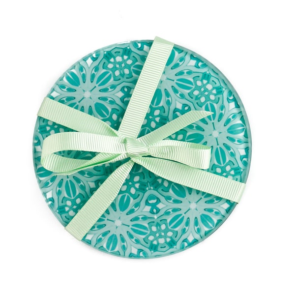 Pretty Coaster Set - Quality Glass Hand Printed Coaster. Turquoise and Mint Green Art Deco Pattern Coaster Set. Blue Mug Mats. Gift for Mum