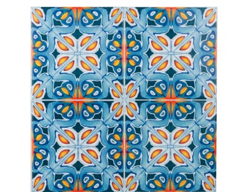 SET of 20 Spanish Talavera tiles, FREE UK delivery. Orange and blue kitchen tiles, decorative handmade tile, rustic Catalan splash back tile