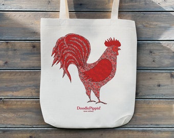 Red Cockerel Tote Bag, Chicken Shopper, Fun Shoulder Bag, Handprinted Linen Duffel, Strong Colourful Canvas Bag, Millefiori Carry-All