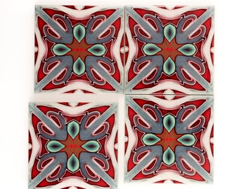 SET of 20 Deep red Victorian ceramic tiles, beautiful twining design, dark reds, denim blues and greens. Period Fireplace surround tile