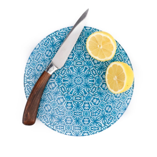 Pretty round chopping board, Turkish turquoise flower pattern, heatproof worktop protector, Gin and Tonic chopping board, glass pan stand