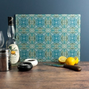 Art Deco Worktop Protector - Gedempte blauwgroene hittebestendige snijplank - Origineel kunst- en ambachtsontwerp - Snijplank van gehard glas