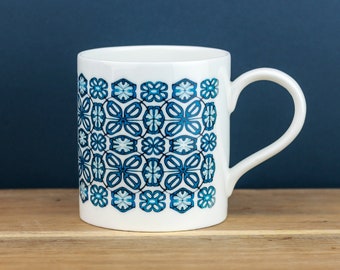 Moorish Moroccan Tile Latte Mug - Decorative Arabic Blue Coffee Mug - Boho China Tea Cup - Ethnic Eastern Kitchen Decor - Retirement Gift