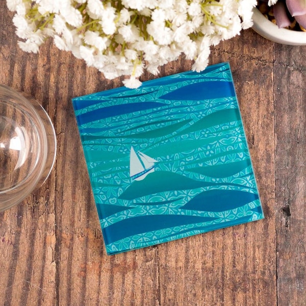Yacht on Caribbean Sea coasters  - Ocean Sailing gift - Turquoise Blue protective glass mug mats - hand printed - English handmade design