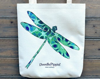 Dragonfly Tote Bag, Blue Green Dragon Fly Art shopper, Fun Shoulder Bag, Handprinted Linen Duffel, Strong Canvas Bag, Millefiori Carry All