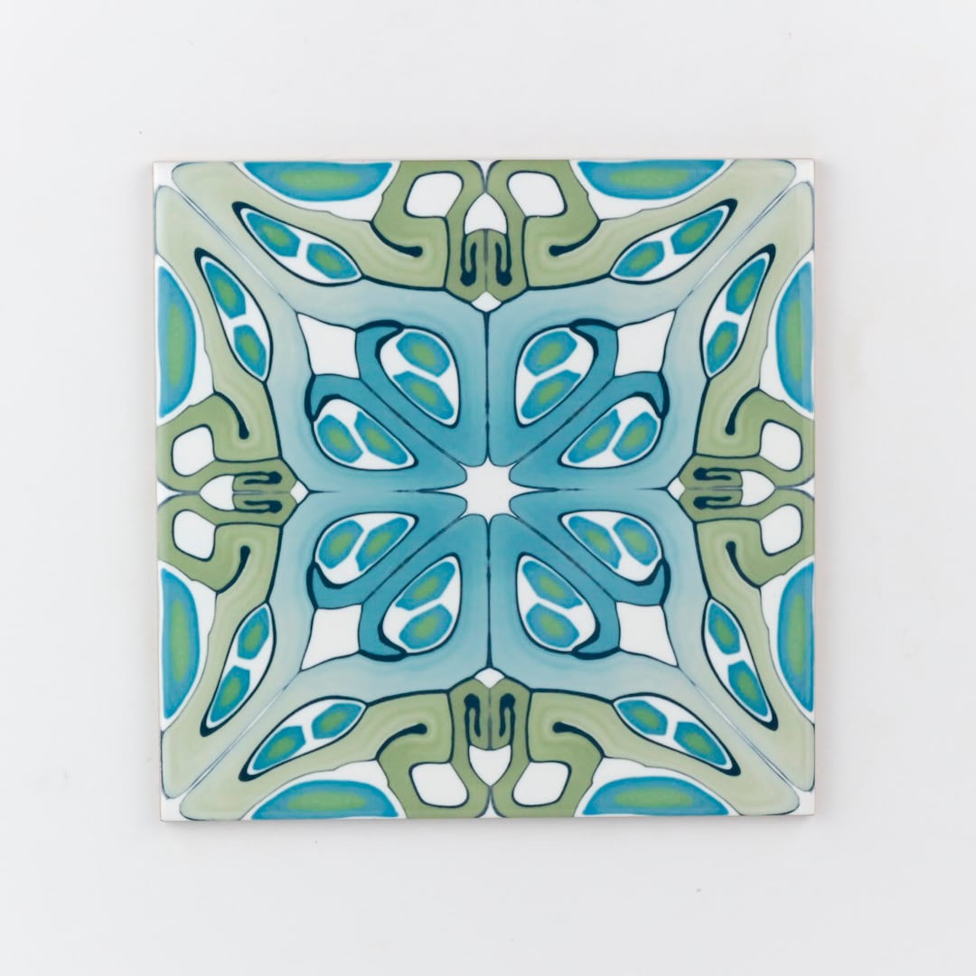 Art Deco Bathroom Tiles, 10cm Hand Printed Grey Kitchen Splashback Tiles, Green and Blue Square