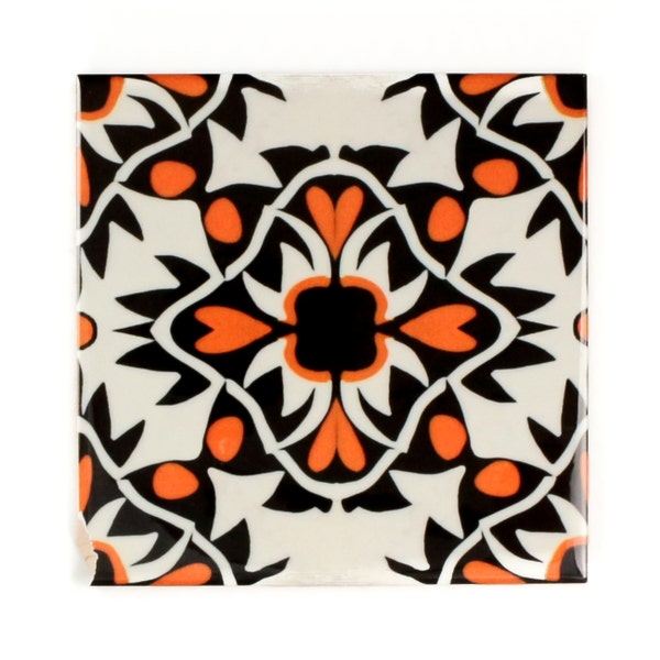 Mexican Style ceramic splashback tiles, orange black cream kitchen tiles, 6 inch tile back splash, Talavera tile wall, Ethnic Style Decor