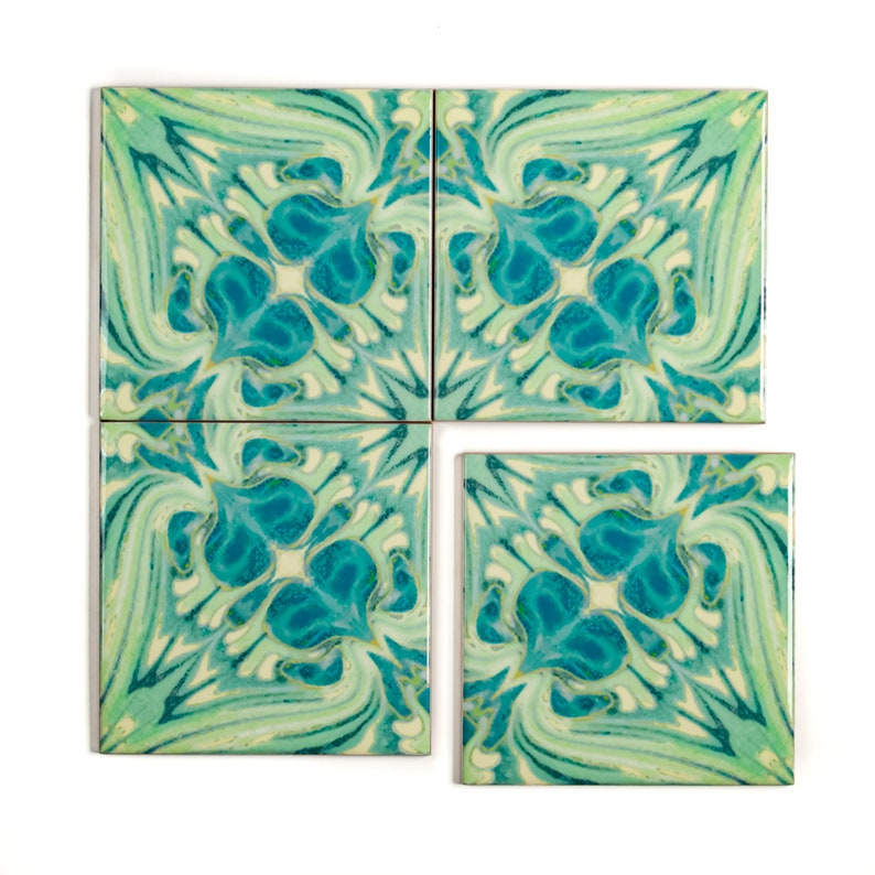 William Morris Vintage tiles, original design blue green tiles, tiles for Aga splashback, Arts and Crafts Decor, 6 inch botanical design image 2
