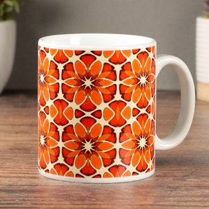 Tropical Flower Mug, Poppy Mug, Red Orange Cream design, Porcelain Coffee mug, Gardener Gift cup,  Colouful Floral Mug, Cheerful Coffee Cup