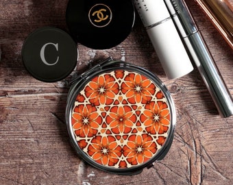 Pretty Moroccan Flower Compact Mirror  - Poppy Design Handbag Mirror - Small Makeup Mirror -  Portable Vanity Mirror - Folding Hand Mirror