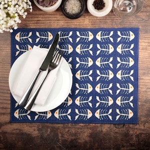 Large Blue &#39;Bonefish&#39; Placemat, Machine-Washable Canvas Table Mat, Blue Orange Fabric Dining Table Mat, Hand printed original design.