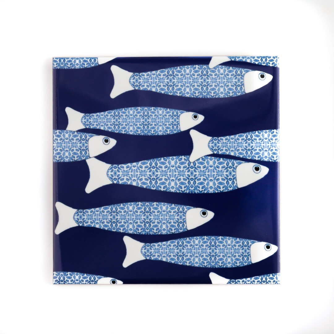 Navy Blue Fish Tile, Ocean Tile Feature Wall, Fish Decor, Pattern ...