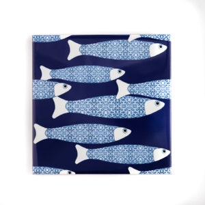 Navy blue fish tile, ocean tile feature wall, fish decor, pattern ceramic tiles, dramatic back splash, unique aquarium tiles, bathtub tiles