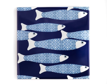 Navy blue fish tile, ocean tile feature wall, fish decor, pattern ceramic tiles, dramatic back splash, unique aquarium tiles, bathtub tiles