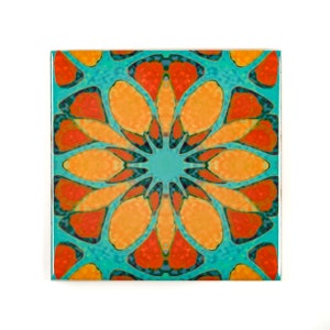 Moroccan Flower tiles, 6 inch blue orange ceramic tiles, colourful Azulejos, rustic decor, Iznik tiles, geometric floral pattern zellige