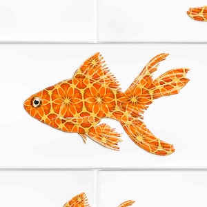 May include: An orange and yellow goldfish illustration with a floral pattern. The fish is set against a white background, creating a striking contrast. The design is repeated in a tile-like pattern, suggesting a decorative or artistic application.