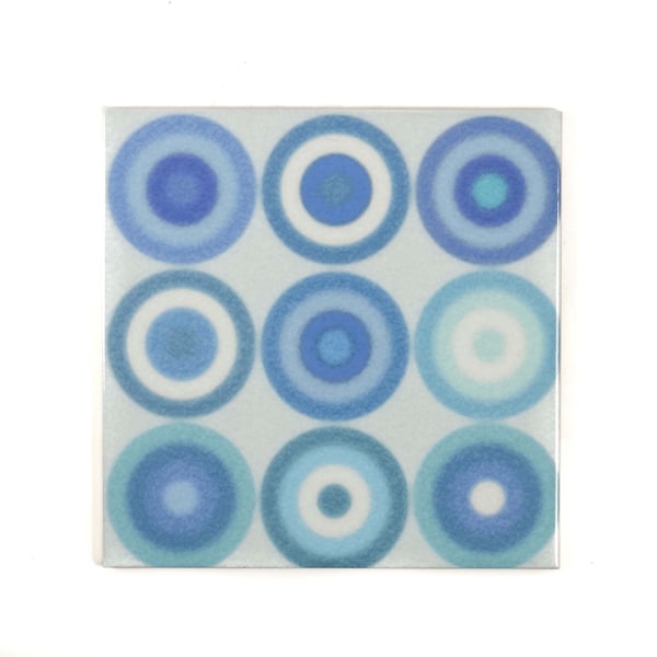 Turquoise blue circle tiles, modern abstract design, kitchen splashback tiles, feature wall pattern tile, cool blues bathroom cloakroom tile