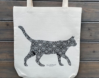 Stalking Cat Tote Bag, Cat Art shopper, Fun Shoulder Bag, Handprinted Linen Duffel, Strong Canvas Bag, Cat Lover Gift, Pretty Feline Art Bag