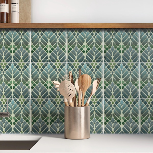 Green Grey ceramic tile, Sage kitchen decor, bespoke handprinted tiles.