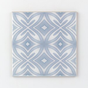 Può includere: Una piastrella quadrata in ceramica con un motivo geometrico ripetitivo in tonalità di blu e bianco.