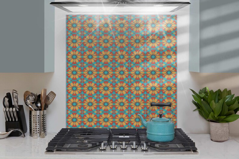 Moroccan Flower Kitchen Splashback - Orange & Teal Glass Cooker Panel ...