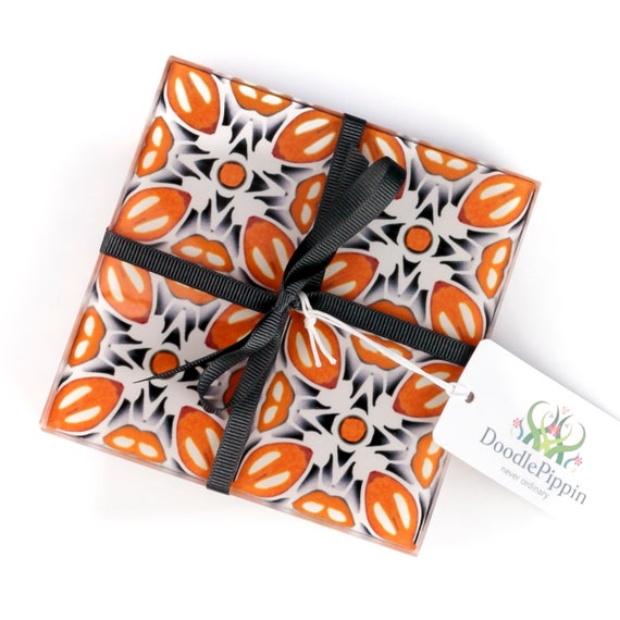 Orange Flower Coasters Mid Century Modern Glass Mug Mats Wine Coasters Orange Grey Quality Coaster Set Colourful Kitchen Gift Etsy UK