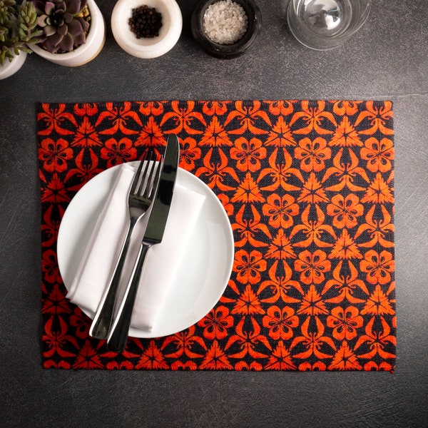 Large Red Orange Grey Machine Washable Canvas Table mat. Striking Design. Machine washable easy-to-store tablemat, 40x30cm / 15x12 inches
