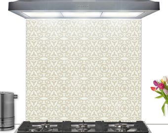 Cream 'carved stonework' splashback, toughened glass back splash, custom-sized taupe splash back, heat proof bespoke range cooker screen