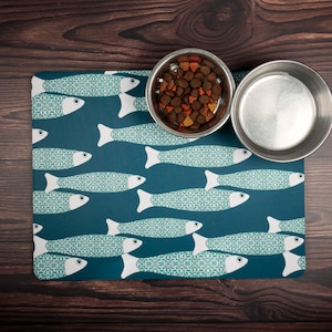 Teal &#39;Ocean Shoal&#39; Pet Food mat, 30x39cm large pet placemat, New Puppy Gift, Fur Baby gift, Waterproof, Non Slip and Washable cat Food Mat