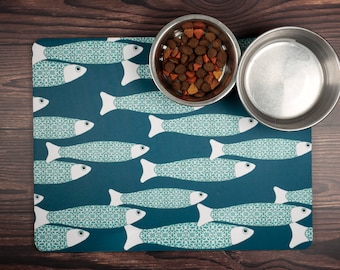 Teal 'Ocean Shoal' Pet Food mat, 30x39cm large pet placemat, New Puppy Gift, Fur Baby gift, Waterproof, Non Slip and Washable cat Food Mat