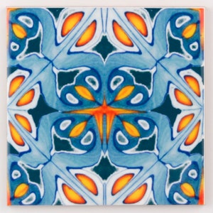 Orange and blue kitchen tiles, ethnic decor, Moroccan tiles, 10cm square tiles, rustic kitchen decor, maximalist decorative tile, Iznik tile image 3
