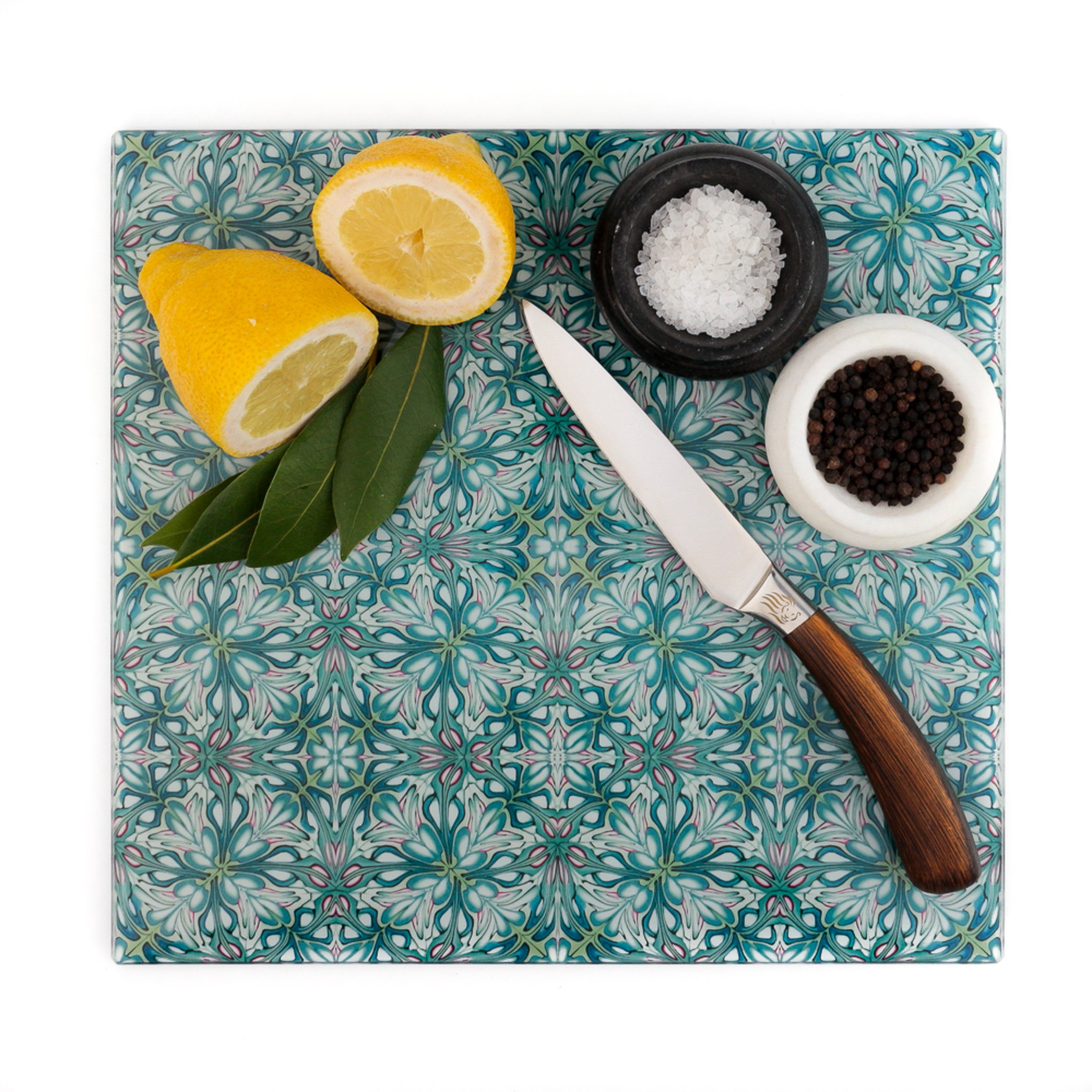 William Morris worktop protector, botanical print, gardener gift, large pot stand, heatproof pot stand, glass cutting board, greens & blues