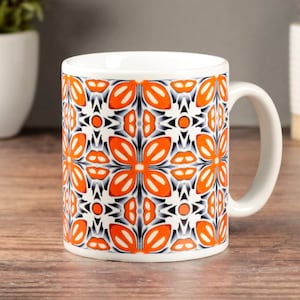 Retro Orange Flower Mug, Fox Flower Mug, Cheerful design, Porcelain Coffee mug, Geometric 60s Colouful Floral Mug, Cheerful Coffee Cup