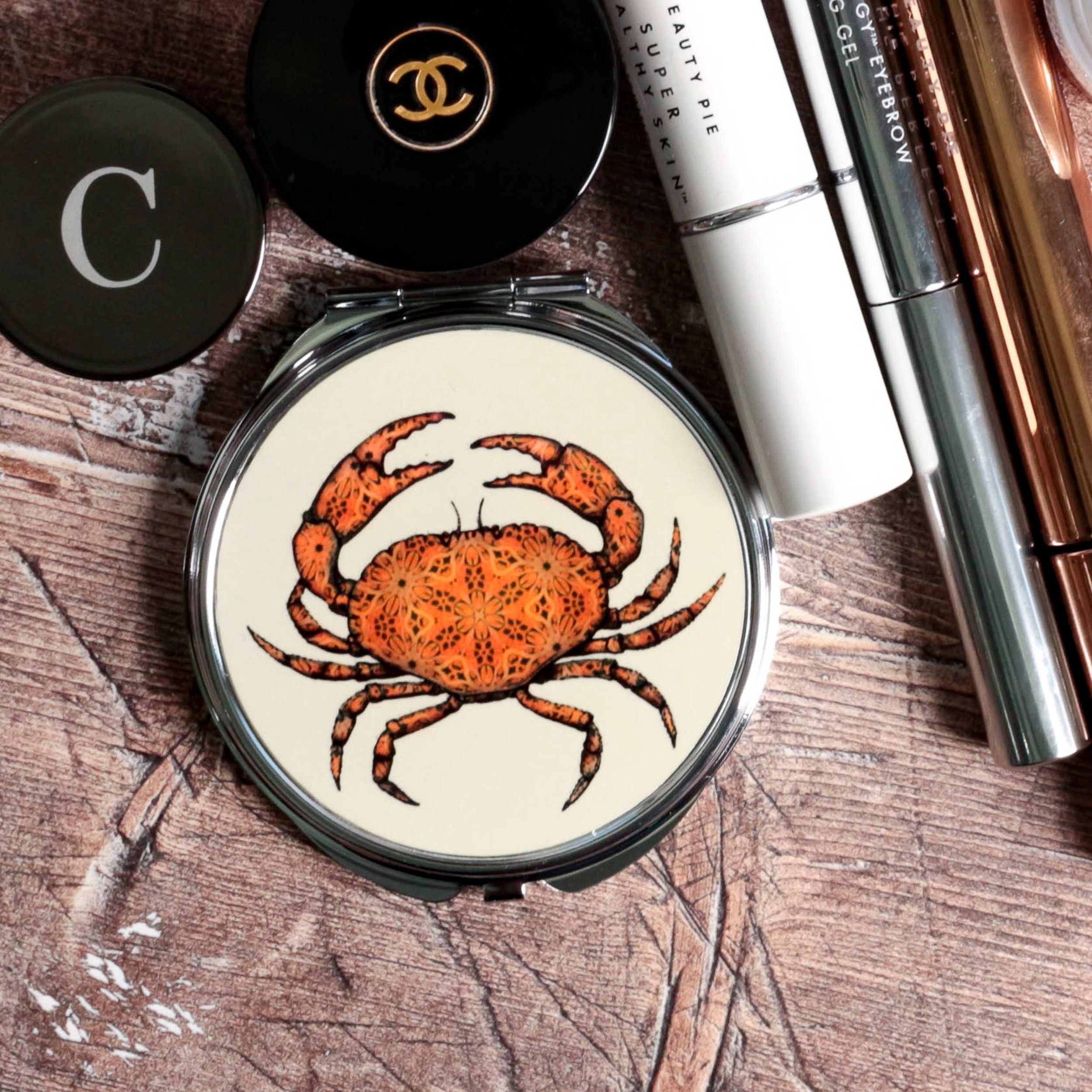 Crab Compact Mirror - Gift For Cancerian Handbag Small Makeup Portable Vanity Folding Hand Colourful
