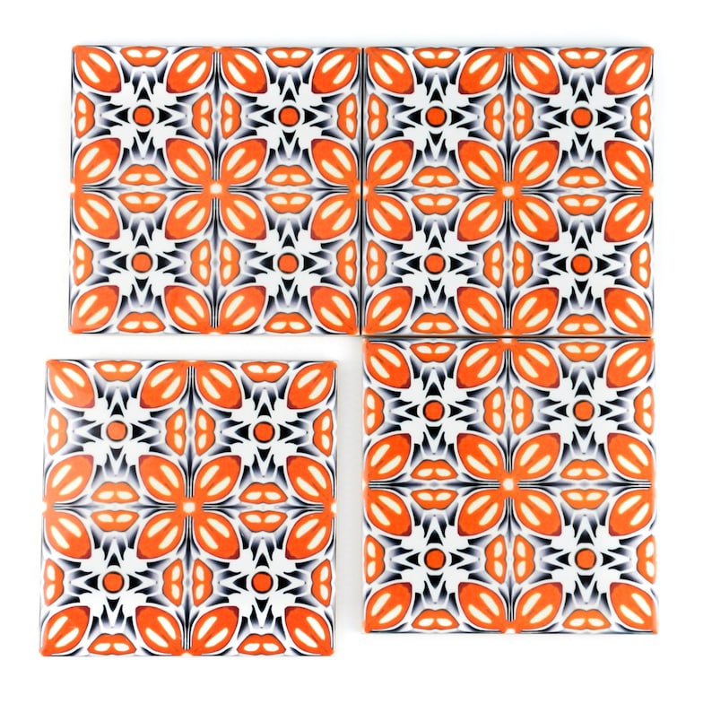 Set of 20 Orange Flower Ceramic Tiles Geometric Splash Back Etsy UK