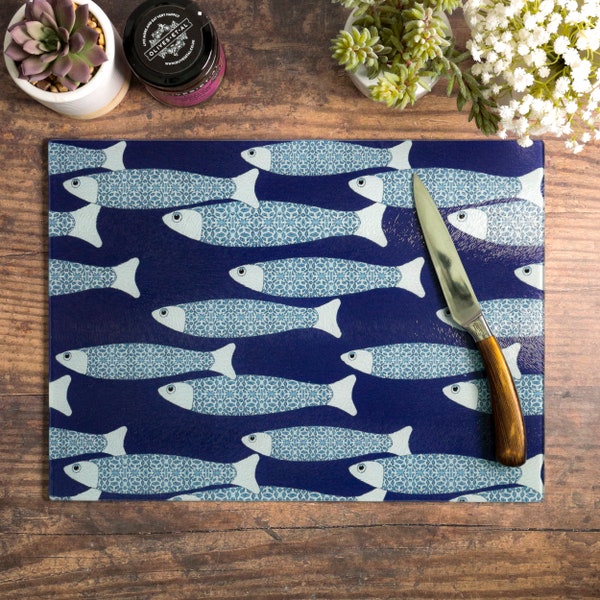 Ocean House Worktop Saver, Navy Blue Fish School Cutting Board, Large Heatproof Pan Rest, Serving platter, Beach House Art Decor