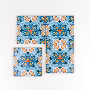 Orange and blue kitchen tiles, ethnic decor, Moroccan tiles, 10cm square tiles, rustic kitchen decor, maximalist decorative tile, Iznik tile image 2