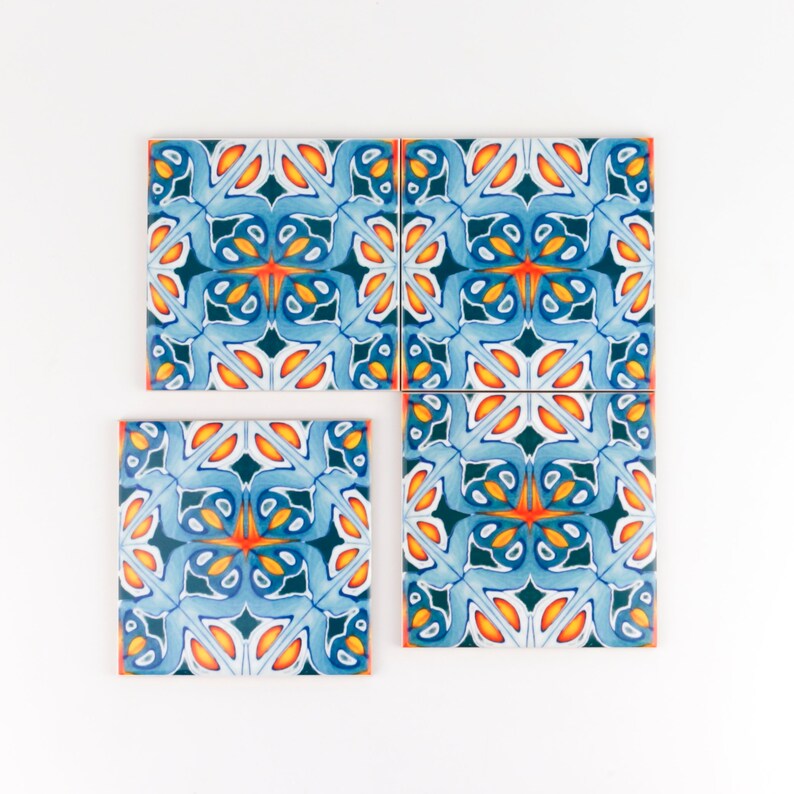 Orange and blue kitchen tiles, ethnic decor, Moroccan tiles, 10cm square tiles, rustic kitchen decor, maximalist decorative tile, Iznik tile image 2