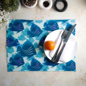 Machine Washable Angel Fish Placemat – Ocean Decor Canvas Table Mat, Blue Teal Turquoise Fish Lover Gift, Easy Care Fabric Place Mat Set