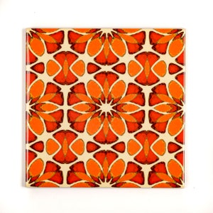 Moroccan Flower Tiles, Arts and Crafts tiles, Orange Apricot Cream handprinted tiles. Unique original design, tiles for Aga splashback.