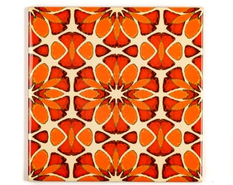 Moroccan Flower Tiles, Arts and Crafts tiles, Orange Apricot Cream handprinted tiles. Unique original design, tiles for Aga splashback.