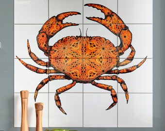 Crab Tile Mural - Orange Red Crab - Set van 16 wandtegels - Chef Mural - Beach House Back Splash Tile - Feature Wall Tile Mural - Ocean Art