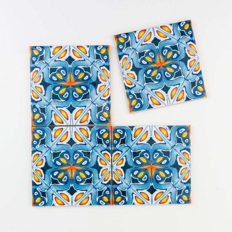 Orange and blue kitchen tiles, ethnic decor, Moroccan tiles, 10cm square tiles, rustic kitchen decor, maximalist decorative tile, Iznik tile image 6