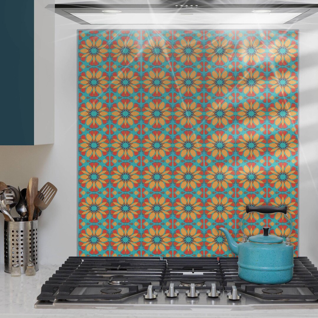 Moroccan Flower Kitchen Splashback - Orange & Teal Glass Cooker Panel ...