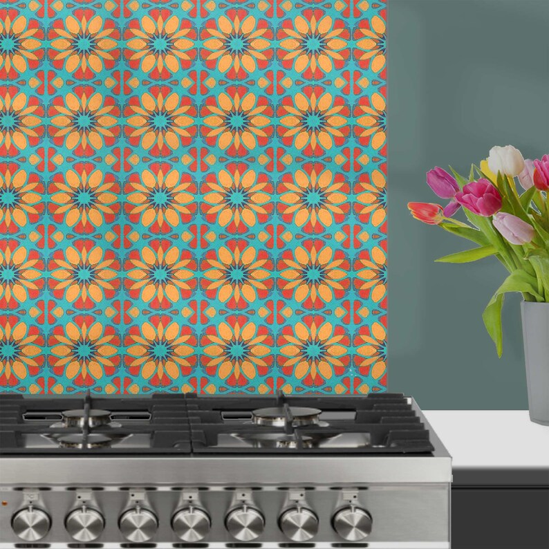 Moroccan Flower Kitchen Splashback - Orange & Teal Glass Cooker Panel ...