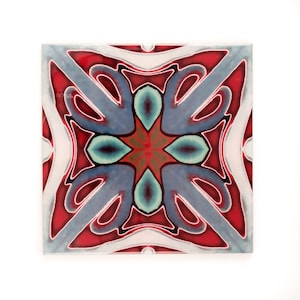 Deep red Victorian ceramic tiles, beautiful twining design, dark reds, denim blues and greens. 6 inch handmade tile, fireplace surround tile