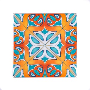 Colourful Moroccan tiles, handprinted blue orange ceramic tiles, rustic decor, Iznik tiles, Azulejos Tile, pattern 4 inch decorative tile