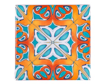 Colourful Moroccan tiles, handprinted blue orange ceramic tiles, rustic decor, Iznik tiles, Azulejos Tile, pattern 4 inch decorative tile