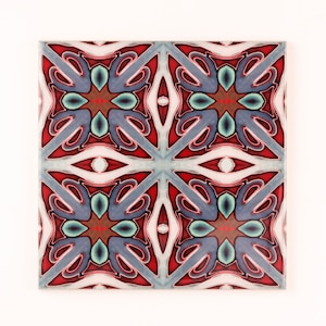 Rich maximalist Victorian tiles, dark reds, denim blues and malachite greens. 6 inch handmade ceramic tile, craftsman tile burgundy ceramic