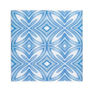 May include: Square ceramic tile featuring a repeating pattern of blue and white floral-like shapes. The design includes overlapping curved lines and diamond shapes, creating a symmetrical and decorative appearance. Suitable for home decor.